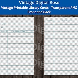 Vintage afdrukbare bibliotheekkaart voor- en achterkant transparante PNG-formaat digitale afbeelding