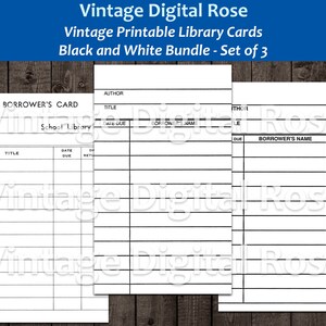 Vintage afdrukbare bibliotheek kaarten zwart-wit B&W set van 3 drie kaarten voor-en achterkant digitale collage blad JPG-formaat