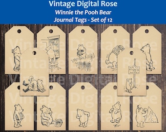 Journal Tags - Vintage Winnie de Poeh Beer A. A. Milne Boekpagina's Afdrukbare digitale Tags Set van 12 Tags Literaire Ephemera