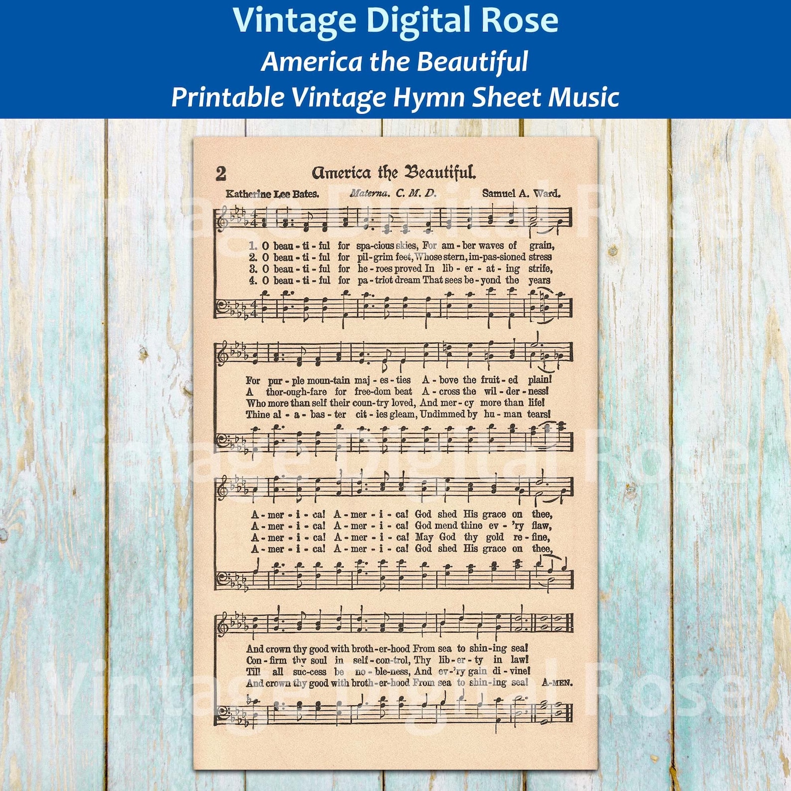 America the Beautiful Printable Vintage Hymn Sheet Music - Etsy