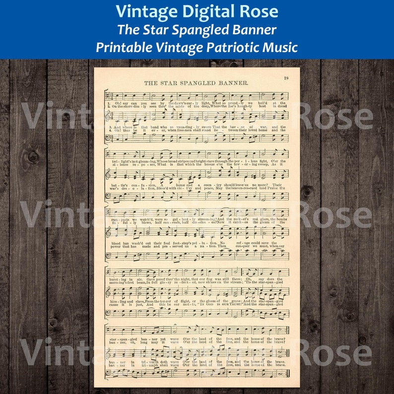 May include: Vintage sheet music for "The Star Spangled Banner" with lyrics and musical notation. The sheet music is printed on aged paper with a yellowed hue. The title is printed in bold black font.