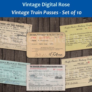 Vintage afdrukbare vintage trein passeert railroad tickets digitale collage blad PNG formaat set van 10 kaarten