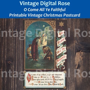 Carte postale de Noël imprimable vintage O Come All Ye Faithful Christmas Carol Song Paroles avec illustration en couleur