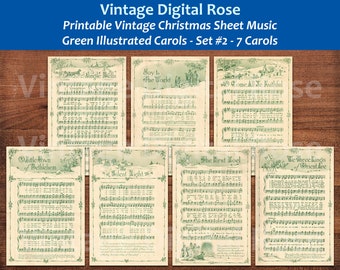 Villancicos navideños vintage imprimibles Ilustración verde Los más vendidos Canciones navideñas principales Juego de 7 - Juego #2