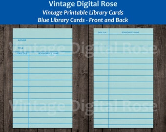 Vintage Printable Blue Library Card Front and Back Digital Collage Sheet JPG Format