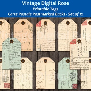 Journal Tags - Vintage Antique Postcards Carte Postale French Postmarked Backs Grunge Ephemera Printable Digital Tags Set of 12 Tags