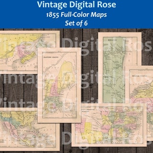 Vintage Printable 1855 Maps North America United States Canada Mexico Full Color Set of 6 Maps Collage Sheet JPG Format Vintage Ephemera