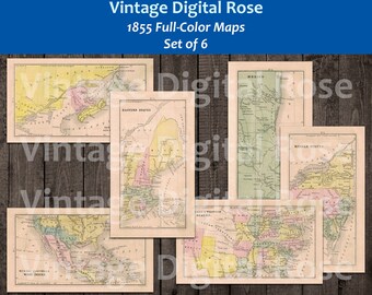 Vintage Printable 1855 Maps North America United States Canada Mexico Full Color Set of 6 Maps Collage Sheet JPG Format Vintage Ephemera