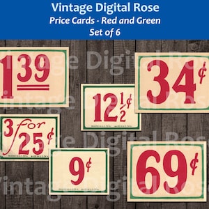 Etiquetas de cartões de preço vintage vermelho e verde - Cartões digitais para impressão - Conjunto de 6 coisas efêmeras de Natal de dois tamanhos