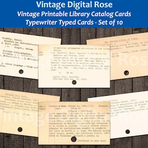 Cartões de catálogo de cartões de biblioteca imprimíveis vintage, cartões digitados em máquina de escrever, folha de colagem digital, conjunto de 10 cartões em formato PNG