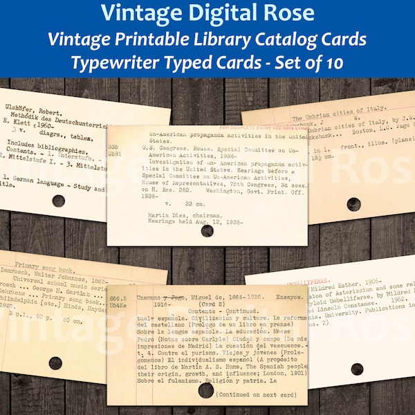 Vintage Printable Library Card Catalog Cards Typewriter Typed Cards Digital Collage Sheet PNG Format Set of 10 Cards