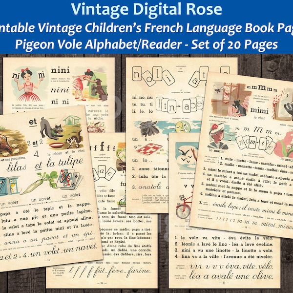 20 Vintage French Children's Language Alphabet Reader Book Pages Pigeon Vole Unique 1950s Ephemera Journaling Collage Supply