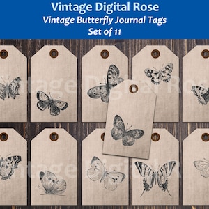 Journal Tags - Vintage Butterfly Butterflies Handdrawn Illustrations Grungy Linen Printable Digital Tags Set of 11 Tags