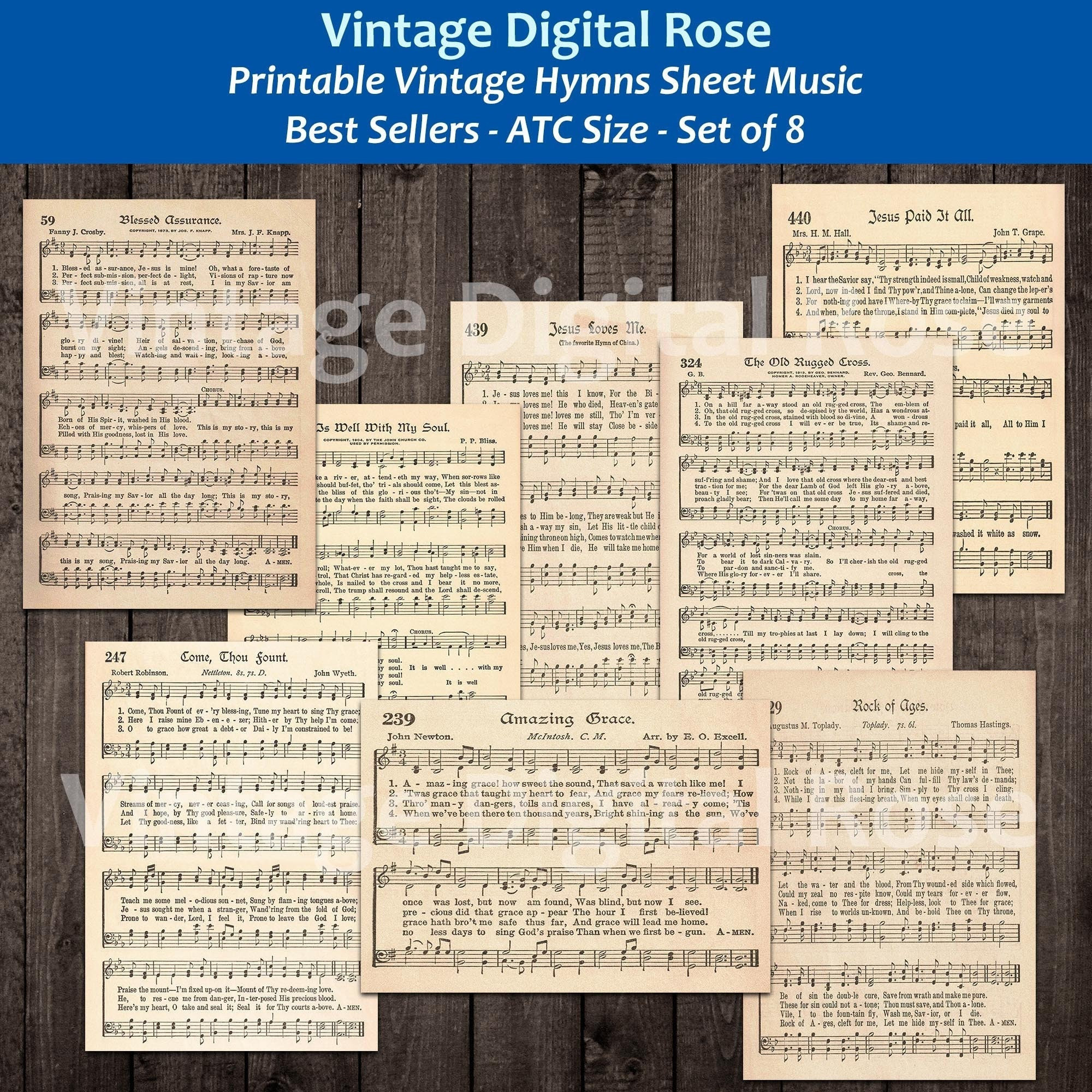 Printable Vintage Hymn Sheet Music Best Sellers Top Songs Set of 8 ATC Size Artist Trading Card Journal Scrapbook