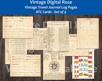 Vintage Travel Log Journal Book Pages ATC Size Journal Scrapbook Cards Set of 9 Cards