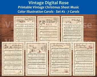 Printable Vintage Christmas Carols Color Illustrations Best Sellers Top Christmas Songs Set of 7 - Set #2