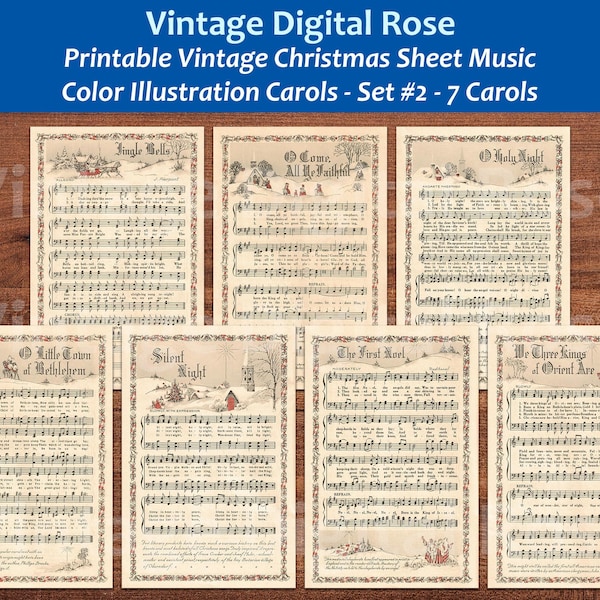 Printable Vintage Christmas Carols Color Illustrations Best Sellers Top Christmas Songs Set of 7 - Set #2