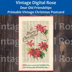 vintage Carte postale de Noël numérique imprimable Un joyeux Noël Chères vieilles amitiés Poinsettias rouges Couleur Illustration d’image de vacances