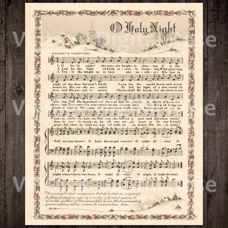May include: A vintage sheet music print of the Christmas carol "O Holy Night". The sheet music is printed on cream-coloured paper with a brown border. The music is written in black ink with red and blue accents. The title of the carol is printed in large, bold letters at the top of the page. The lyrics are printed below the music. The sheet music is decorated with a winter scene of a snowy village.
