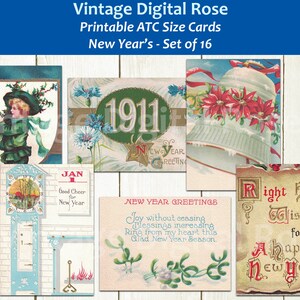 illustrations du Nouvel An imprimables numérique ATC Taille Journal Scrapbook Cartes Ensemble de 16 cartes
