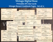 Vintage Dessert Recipe Cookbook Pages ATC Size Journal Scrapbook Cards Set of 12 Cards