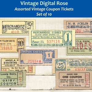 Vintage Printable Coupon Tickets Assorted Yellow Green Neutral Digital Collage Sheet JPG PNG Format Set of 10 Ten Tickets Vintage Ephemera