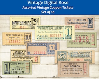 Vintage Printable Coupon Tickets Assorted Yellow Green Neutral Digital Collage Sheet JPG PNG Format Set of 10 Ten Tickets Vintage Ephemera