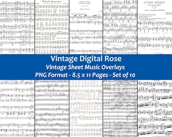 Vintage Bladmuziek Overlays - 10 8.5x11 Bladmuziek PNG Overlays