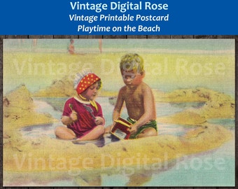 Vintage afdrukbare ansichtkaart Spelen voor kinderen op het strand Illustratie
