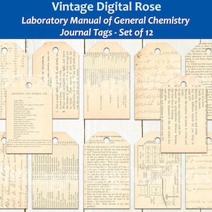 Journal Tags - Vintage Chemistry Laboratorio Manuale Pagine Scienza Note scritte a mano Riferimento Stampabile Tag digitali Set di 12 tag