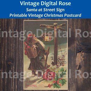 Postal de Navidad Digital Imprimible Vintage Santa en el letrero de la calle Escena nevada Color Ilustración navideña