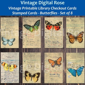 Vintage Druckbare Bibliothek Gestempelte Checkout Karten Grungy Vintage Schmetterling Illustrationen Digital Collage Sheet PNG Format Set von 8 Karten