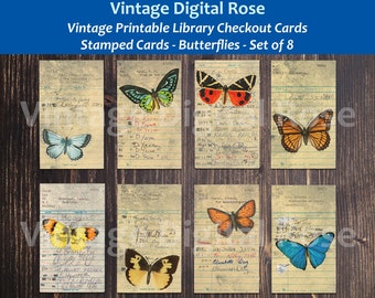 Vintage Printable Library Stamped Checkout Cards Grungy Vintage Butterfly Illustrations Digital Collage Sheet PNG Format Set of 8 Cards