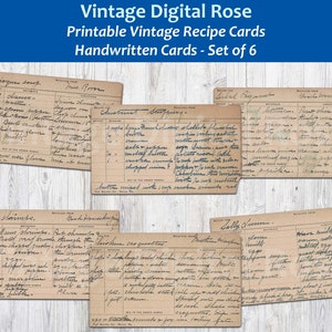Vintage afdrukbare handgeschreven recept kaarten digitale collage blad PNG formaat set van 6 kaarten