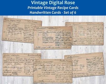 Vintage Printable Handwritten Recipe Cards Digital Collage Sheet PNG Format Set of 6 Cards