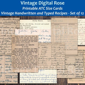 Cartões de receitas vintage manuscritos e digitados para impressão em tamanho ATC conjunto de 12 cartões