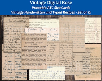 Vintage handwritten y Typed Tarjetas de Receta Imprimibles TARJETAS de Tamaño ATC Set de 12 Tarjetas