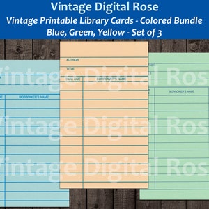 Vintage afdrukbare bibliotheek kaarten geel groen blauw set van 3 drie kaarten voor- en achterkant digitale collage blad JPG-formaat