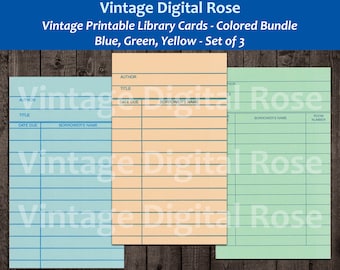 Vintage Printable Library Cards Yellow Green Blue Set of 3 Three Cards Front and Back Digital Collage Sheet JPG Format