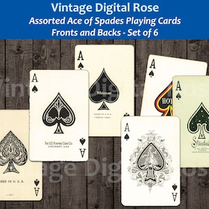 Vintage afdrukbare schoppenaas speelkaarten voor- en achterkant digitale collage blad PNG JPG formaat set van 6 kaarten Vintage spel Ephemera