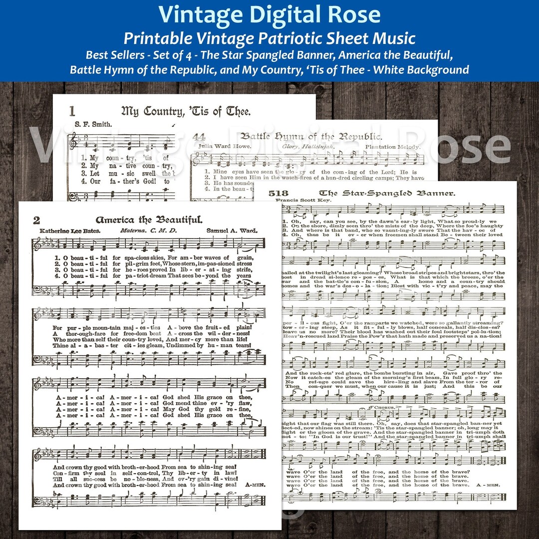 Printable Vintage Patriotic Sheet Music - Star Spangled Banner, America the Beautiful, Battle ...