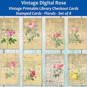 Vintage Printable Library Stamped Checkout Cards Grungy Vintage Floral Flower Illustrations Digital Collage Sheet PNG Format Set of 8 Cards