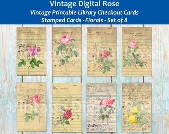 Vintage Printable Library Stamped Checkout Cards Grungy Vintage Floral Flower Illustrations Digital Collage Sheet PNG Format Set of 8 Cards