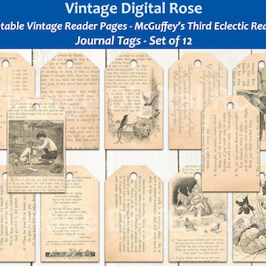 May include: A set of 12 vintage-style journal tags. Each tag features a unique design with illustrations and text from vintage reader pages. The tags are in shades of beige and brown, with a distressed look, perfect for scrapbooking or journaling.