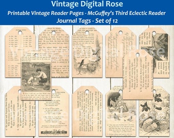 Journal Tags - Vintage McGuffey's Third Eclectic Reader Graded Primer Textbook Printable Digital Tags Set of 12 Tags