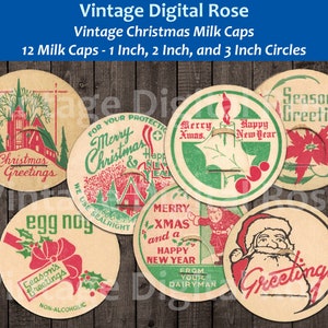 Afdrukbare Vintage Kerst Melk Caps - Set van 12 Melk Caps - 1&quot; Inch 2&quot; Inch 3&quot; Inch Diameter Maten Digitale Collagebladen JPG PDF-formaat