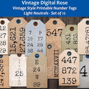 Journal Tags - Vintage Style Printable Shabby Aged Number Tags Light Neutral Colors Digital Tags Set of 12 Tags PNG JPG Formats