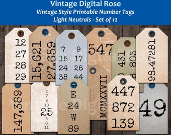 Journal Tags - vintage Style Printable Shabby Aged Number Tags Light Neutral Colors Digital Tags Ensemble de 12 Tags PNG JPG Formats