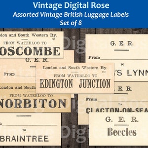 Vintage Printable British Luggage Labels Digital Collage Sheet JPG Format Set of 8 Labels Vintage Transportation Ephemera