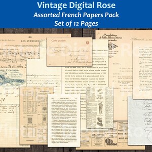 Vintage Assorted Digital French Papers Pack Set of 12 Antique Papers Ephemera Art Junk Journal PNG JPG Formats